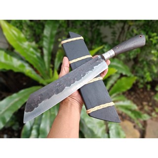 มีดแรมโบ้ Rambo knife มีดอีตัด มีดเดินป่า มีดแคมป์ มีดตัตติ้ง ใบ 10.5“ ผิวไฟ ตีร้อน ด้าม-ฝักไม้สักรมดำ คอสแตนเลสกลึง