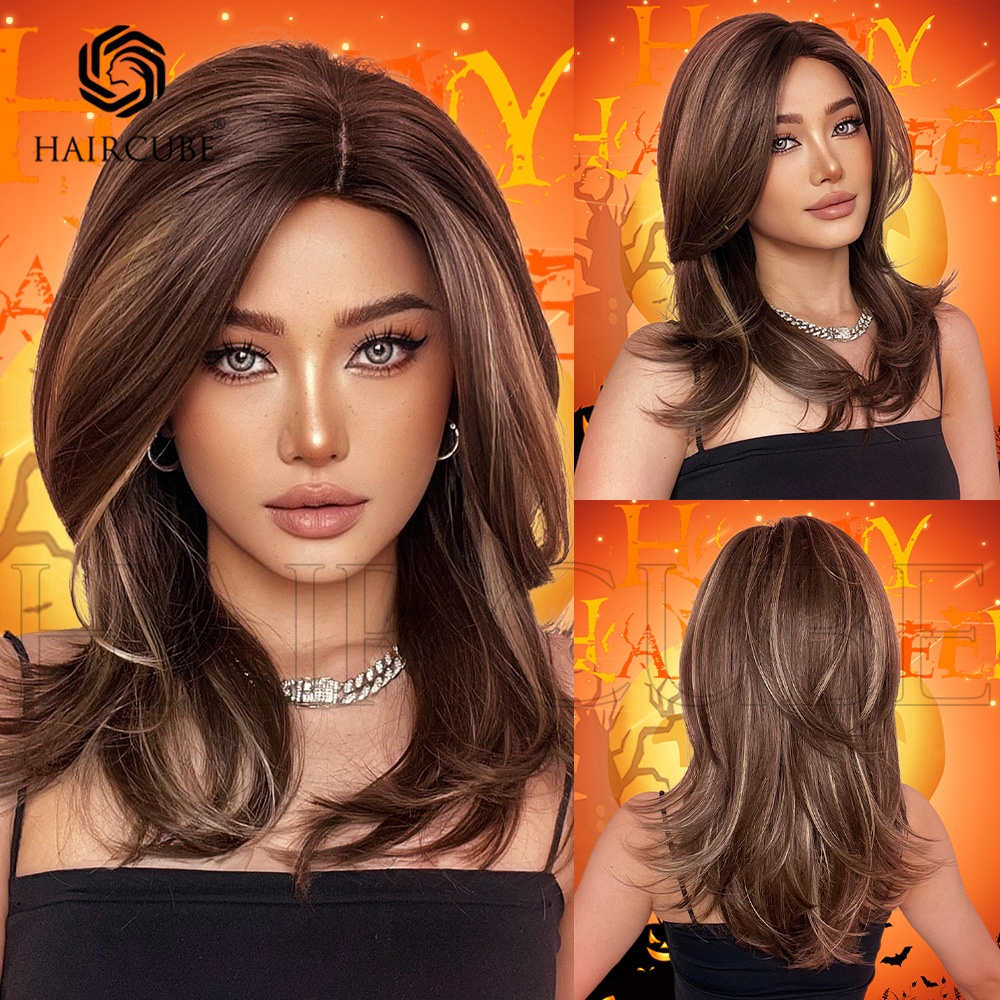 Haircube ยุโรปสไตล์อเมริกันแปดตัวอักษร Bangs Gradient สีน้ําตาลไหล่ยาวตรงผมสุภาพสตรีวิกผมหมวก