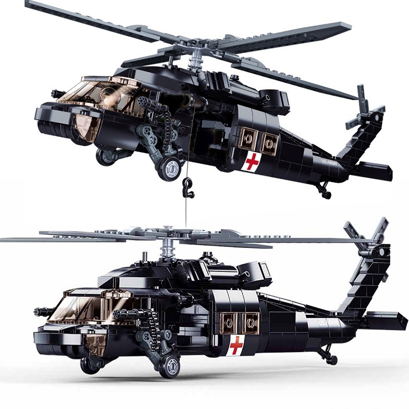 LEGO ขนส่งทหารสีดำเครื่องบินเฮลิคอปเตอร์ US UH-60 Hawk เครื่องบินกู้ภัยกองทัพ F16บล็อกตัวต่อ WW2 MI2