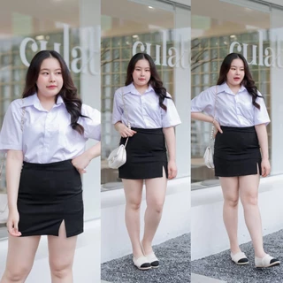กระโปรงนักศึกษาทรงเอผ่าหน้าไซต์ใหญ่ ทรงเอผ่าหน้าสาวอวบ กระโปรงทรงเอ ผ้าฮานาโกะ สีดำ ผ้ายืด