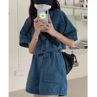 Cicishop(0890) JeansSet เซตเสื้อเชิ้ตครอป+กางเกงขาสั้น ผ้ายีนส์จับคู่แมตช์สุดคิ้วท์ สไตล์สายเกา