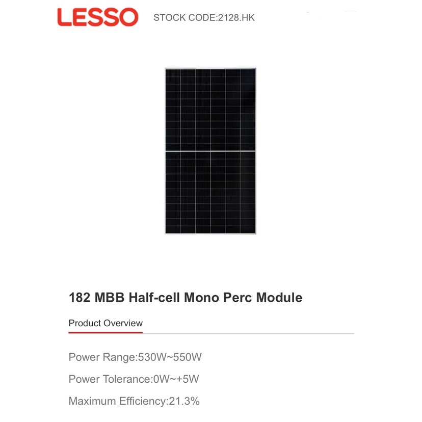 Lesso Solar แผงโซล่าเซลล์ 550W / 182 MBB Half-cell Mono Perc Module