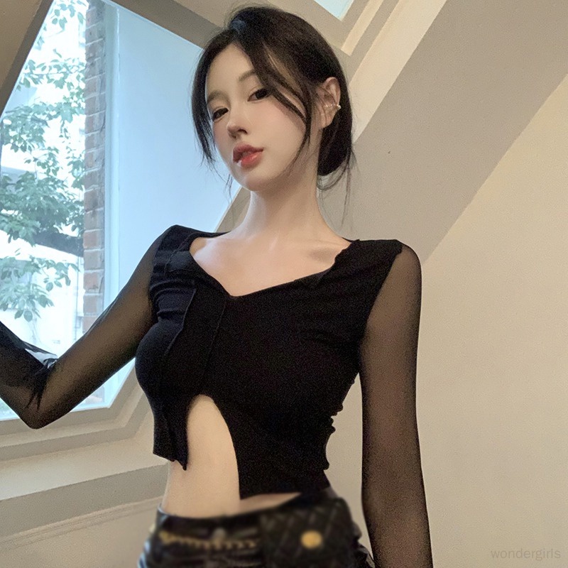 เสื้อครอปแขนยาวสุดเซ็กซี่ของผู้หญิงประกบเสื้อเชิ้ตสะดือเกาหลีย้อนยุคคอวีด้านบน