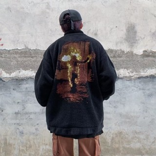Hot sale🦑เสื้อแจ็คเก็ตผ้ากำมะหยี่ลายลูกแกะสไตล์ฮิปฮอปสําหรับผู้ชายและผู้หญิง
