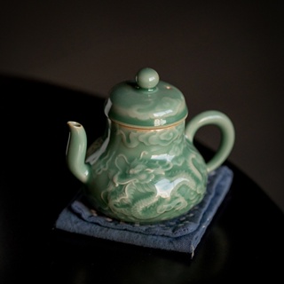 Yue Kiln Celadon ชุดกาน้ําชาเซรามิค ลายมังกรฟินิกซ์ แบบนูน สไตล์เรโทร สําหรับครัวเรือน