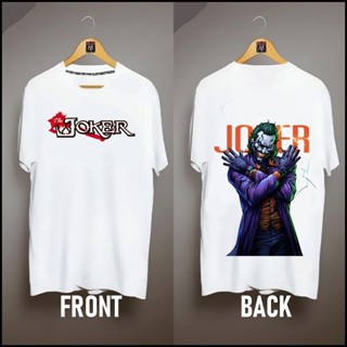 โจ๊กเกอร์ใส่เสื้อเชิ้ตสีดําหน้ามีความสุขเสื้อเชิ้ตขนาดใหญ่โชคดีพิมพ์ลายสีขาวผ้าฝ้ายสั้นผู้ชาย t /}V