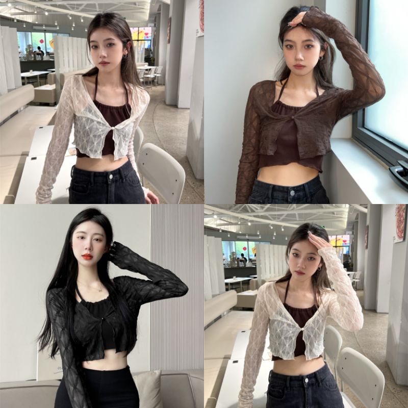 Ey_official#222#พร้อมส่งเซตเสื้อคล้องคอเกาะอก+เสื้อคลุมผ้าซีทรูแขนยาว แมทร์ง่ายไม่คัน