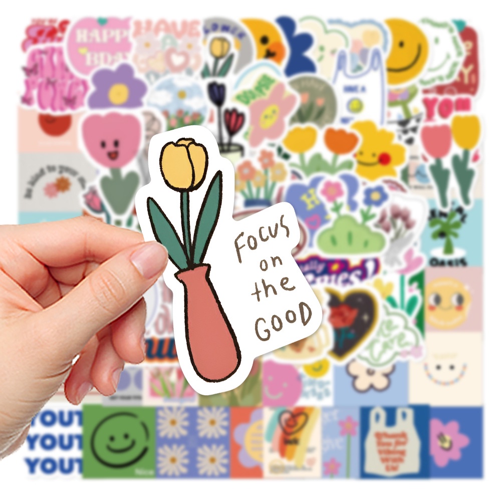 สติกเกอร์ PVC ลายดอกไม้และหน้ายิ้ม กันน้ํา สําหรับตกแต่งสมุดภาพ 90 ชิ้น