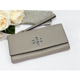 💓NEW Tory Burch Britten GRAY Heron Pebbled Leather Flap Envelope Wristlet Wallet