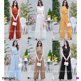 J16842 Set 2ชิ้น เสื้อครอปแขนกุดปกสูท+ กางเกงขายาวกระดุมหน้า crop top, sleeveless, suit collar + trousers, front buttons