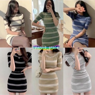 perbit_grace M0601#ชุดเดรสแขนสั้นไหมพรม ลายทาง คอกลม ผ้านิ่ม รัดรูป ใส่สบาย
