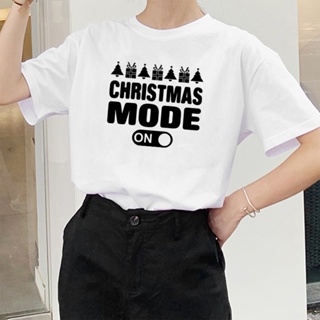 เสื้อยืด Christmas Mode on Printed T-shirts Women Summer 2020 Aesthetic Top Fashion Crew Neck Shirts for Women Cotton