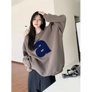 Kumikumi print loose casual round neck pullover fleece sweater womens autumn retro BF all-match black top