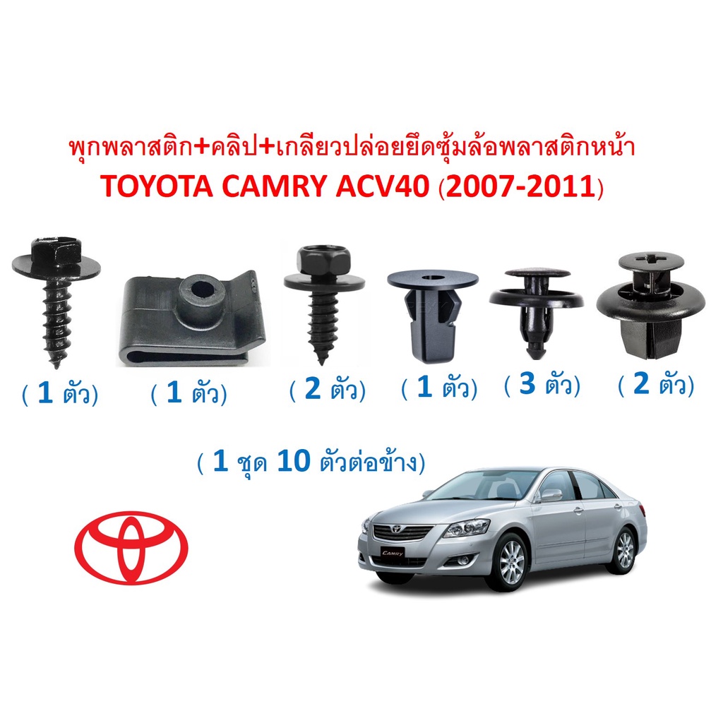 SKU-A586 (1 ชุด 10 ตัวต่อข้าง) พุกพลาสติก+คลิป+เกลียวปล่อยยึดซุ้มล้อพลาสติกหน้า TOYOTA CAMRY ACV40 (2007-2011)