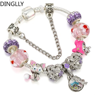 Dinglly จี้ลูกปัดดอกไม้ และสัตว์ สีชมพู สีเงิน เครื่องประดับ สําหรับผู้หญิง DIY