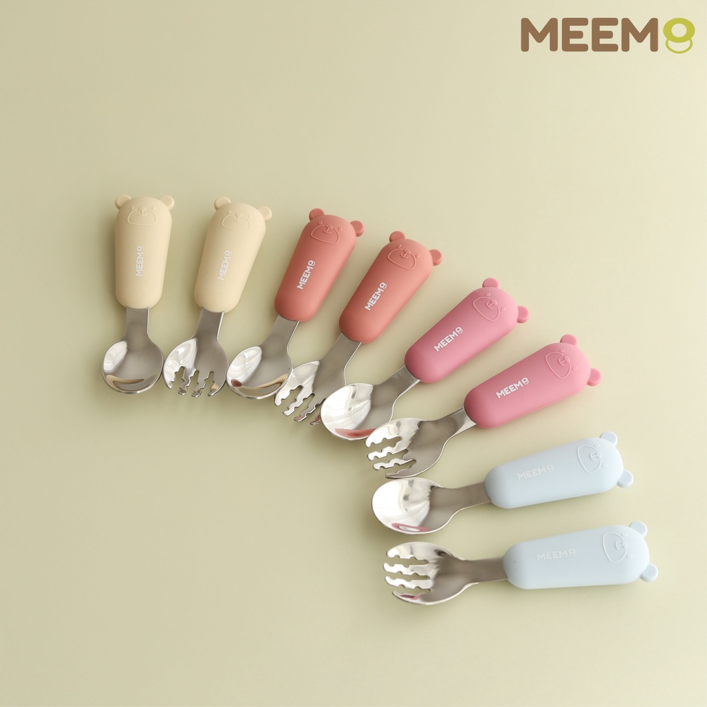 MEEM ช้อนส้อมสแตนเลสฝึกทานอาหาร ด้ามจับซิลิโคน รูปหมี ช้อนส้อมเด็ก รุ่น Little Bear