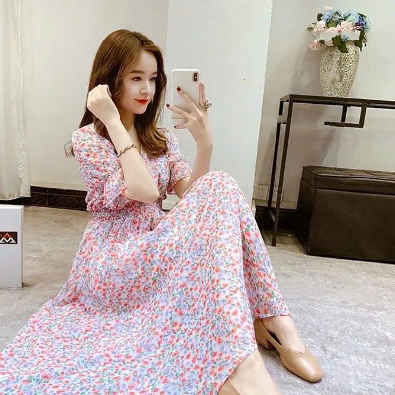 A2022 Ruffled Peter Pan Collar Pink Floral Chiffon Dress Spring Summer Sweet Style Dress Korean Style Prairie Chic Casua #6
