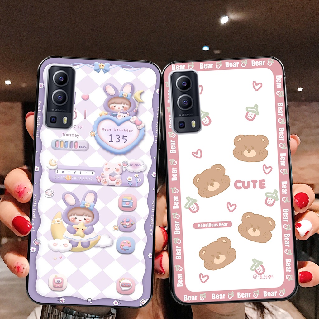 Vivo Y72 - เคส Vivo Y53S หมีแดงน้ําเงิน ปกหมีน่ารักมีขอบ