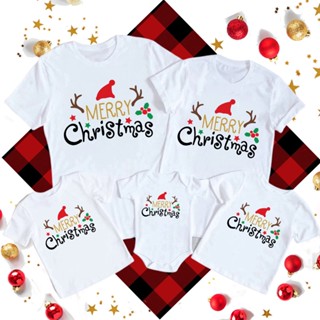 เสื้อยืดแขนสั้น พิมพ์ลาย Merry Christmas สีขาว เหมาะกับของขวัญคริสต์มาส สําหรับครอบครัว