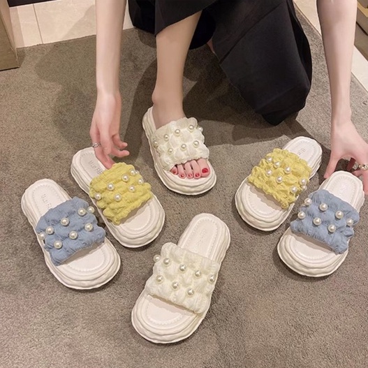 (พร้อมส่งในไทย) -1189 รองเท้าสวมส้นสูงน่ารัก สไตล์แฟชั่น ใส่สบาย ประดับไข่มุก