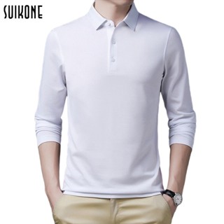 Suikone เสื้อเชิ้ตแขนยาวผู้ชาย สีทึบ สไตล์เกาหลี เสื้อโปโลปก ผ้าฝ้าย เสื้อเชิ้ตเข้าได้หลายชุด