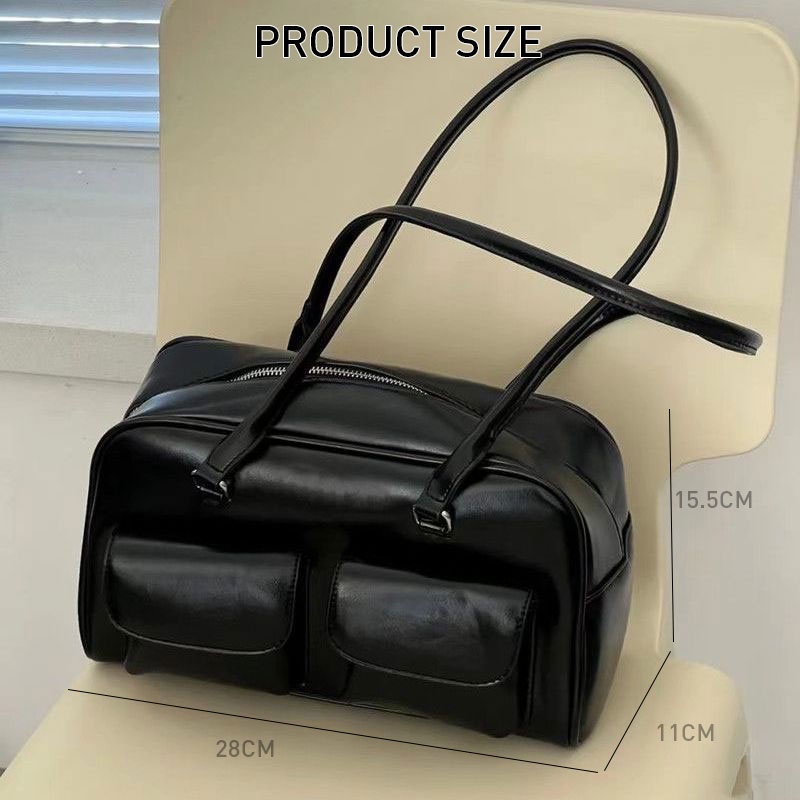 AMILA STANDOIL กระเป๋าสตรีเกาหลี Glossy Black สิทธิบัตรหนังไหล่กระเป๋า Retro Preppy สไตล์ความจุสูงวิทยาลัยนักเรียนพร็อพกระเป๋า