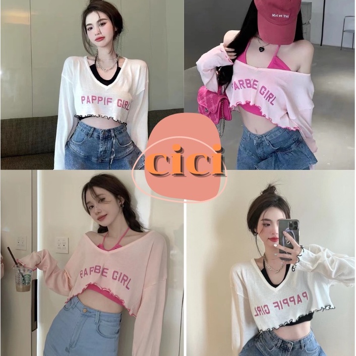 ส่งทันที Cici (NO. 2076)SET2ชิ้น เสื้อสายเดี่ยวคล้องคอ+เสื้อครอปแขนยาวดีเทลขอบระบายคอวีลึก สวย ราคา ถูกที่สุด ดีลบีเคเค