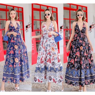 เดรสยาวสายเดี่ยวมีสายคล้องคอลายดอก เดรสไปเที่ยว เดรสแฟชั่น floral print maxi dress single line concave back with neck st