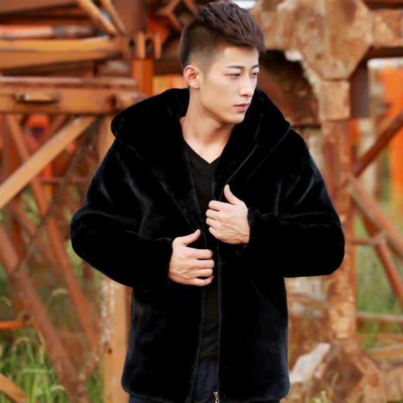 BFashion Winter Mens Faux Fur Mink Fur Coat Short Gray Hooded Coat Warm Overcoat Men Fluffy Plush Coat Male Plus Size Xx #3