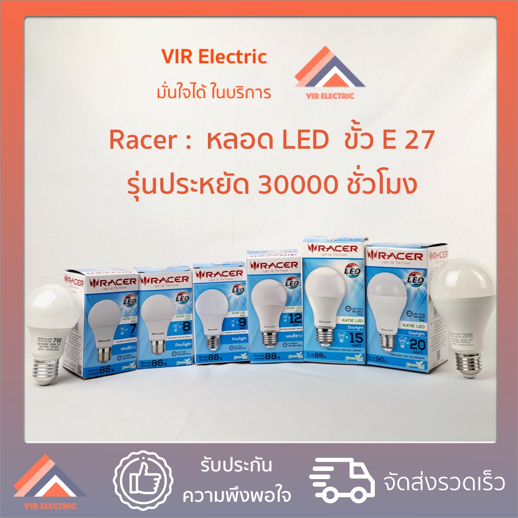 (พร้อมส่ง) RACER หลอด LED 7w 8w 9w 12w 15w 20w ขั้วE27 แสง Daylight Warmwhite หลอดกลม รุ่นประหยัด 30