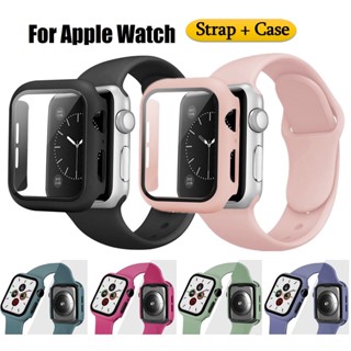 สายนาฬิกาข้อมือซิลิโคน และเคสกระจกนิรภัย สําหรับ Apple Watch Strap Series 8 7 6 5 4 3 2 1 SE SE2 Ultra Size 49 มม. 41 มม. 45 มม. 40 มม. 44 มม. 38 มม. 42 มม.