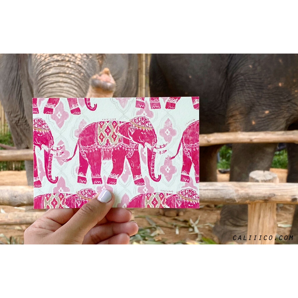 โปสการ์ด ลายประเทศไทย THAILAND Postcard thai pink elephant postcard โปสการ์ด ลายช้างชมพู 4x6 inch