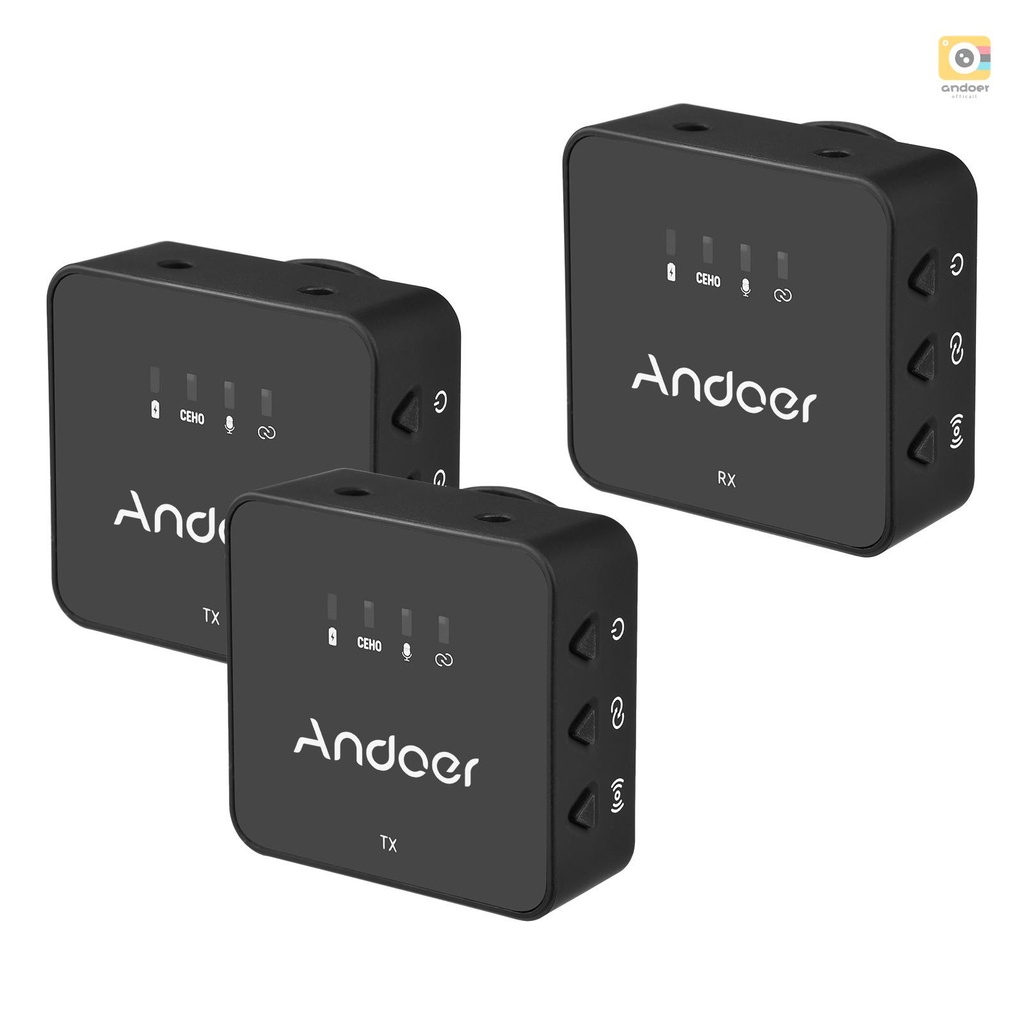 Andoer One-Trigger-Two ระบบไมโครโฟนไร้สาย 2.4G (ตัวส่งสัญญาณ 2 ชิ้น ตัวรับสัญญาณ 1 ชิ้น) ระยะไกลสูงส