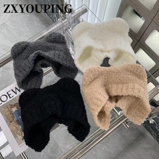 Zxyouping หมวกบีนนี่ ผ้าถัก ป้องกันหู ให้ความอบอุ่น สไตล์เกาหลี แฟชั่นฤดูใบไม้ร่วง และฤดูหนาว สําหรับผู้หญิง