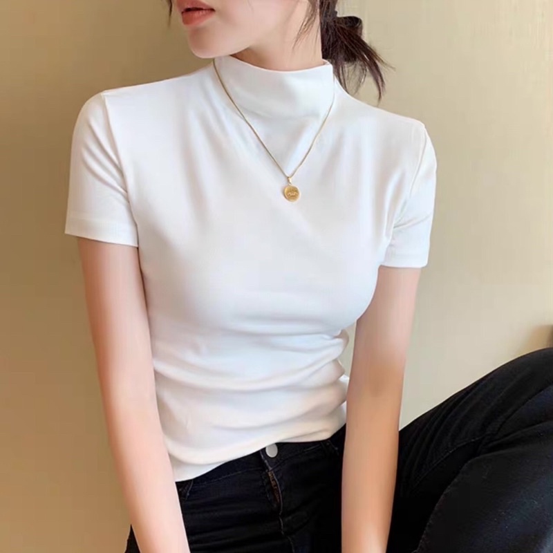 Lady_Sakura 855/BB#เสื้อแฟชั่นคอเต่าแขนสั้น#เสื้อยืดเข้ารูปเนื้อผ้าเรย่อนสไตล์เกาหลี