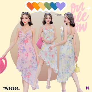 TwinsShopVip💗พร้อมส่ง TW16854 เดรส สายเดี่ยว ชายเฉียงระบาย ลายดอก..Dress, single line, diagonal men, floral pa