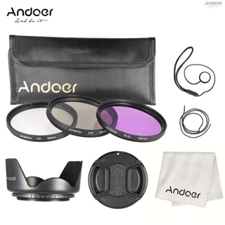 Andoer ชุดฟิลเตอร์ 55 มม. (UV + CPL + FLD) + กระเป๋าไนล่อน + ฝาปิดเลนส์ + ที่ใส่ฝาปิดเลนส์ + ฮู้ดเลนส์ + ผ้าทําความสะอาดเลนส์