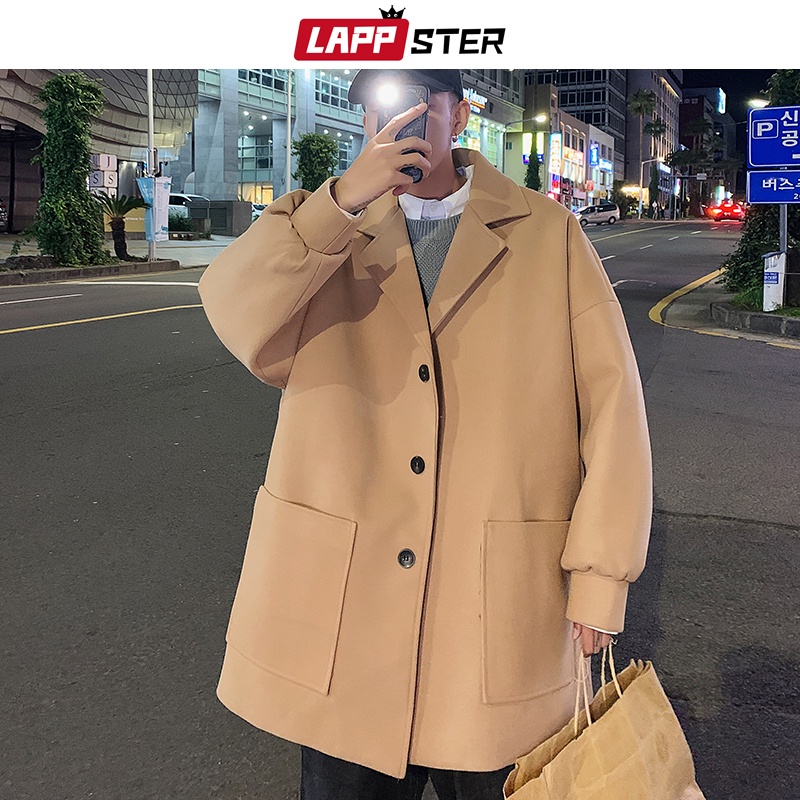 LAPPSTER Men Korean Fashions Wool Trench Coat 2022 Overcoat Mens Japanese Streetwear Winter Coat Harajuku Khaki Jackets  #0