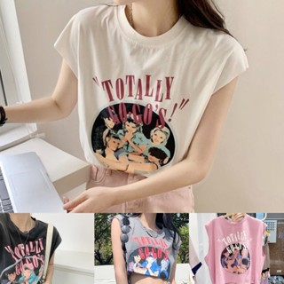 F1🚀ส่งไว เสื้อครอปแขนกุด สกรีนลายกลม TOTALLY สไตล์เกาหลี มี 3 สี