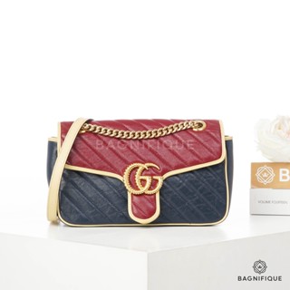 GUCCI MARMONT SHOULDER BAG 26 2 TONE RED YELLOW MATELASSE SHINY GHW