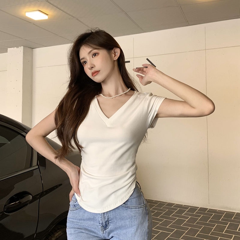 เสื้อยืดแขนสั้น  เสื้อรัดรูปคอวี ป้ายนมโต ผ้าหนา ยืดเด้ง ใส่สบาย ใส่อยู่บ้าน ใส่ออกไปข้างนอกสวยๆ - รูปที่ 4