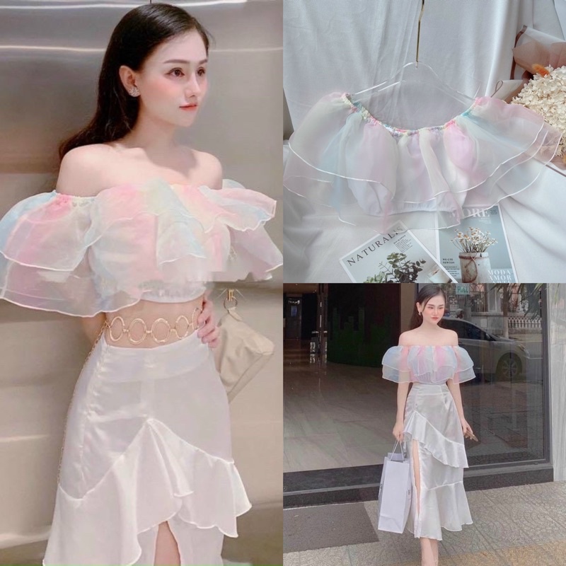 สุด ๆ สวย เสื้อครอปปาดไหล่แขนพองผสมผ้าชีฟองรุ้งถ่ายรูปจริง วิดีโอ