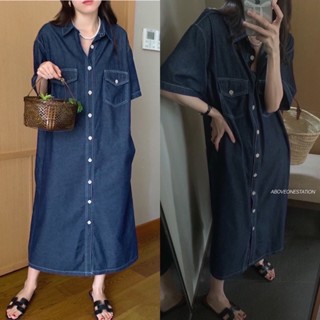 New!!! เดรสยีนส์ยาวกระดุมหน้าทรง oversize แต่งกระเป๋าน่ารัก style เกาหลีผ้ายีนส์เนื้อดีใส่สบาย