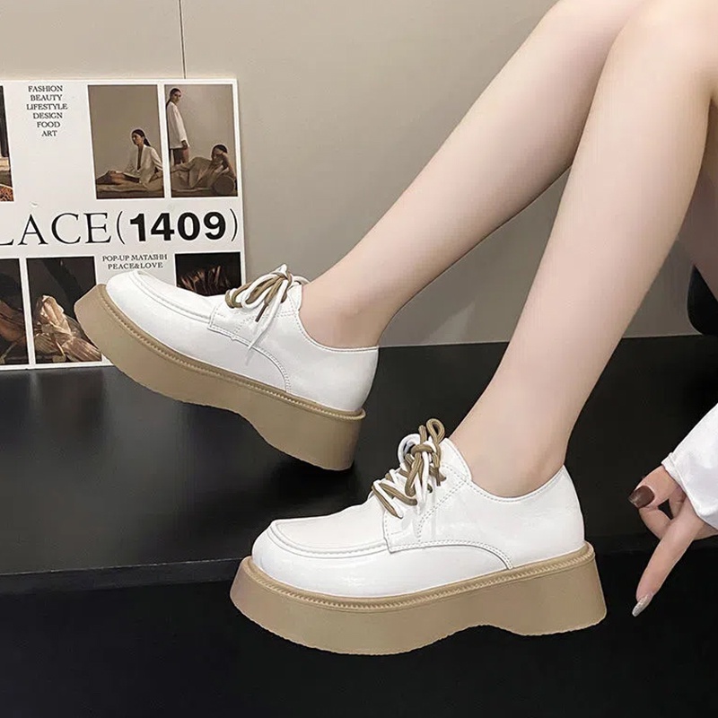 ⚡พร้อมส่ง⚡รองเท้าหนังผู้หญิงพื้นหนาผูกเชือกหัวกลมสวมใส่สบายสไตล์อังกฤษ