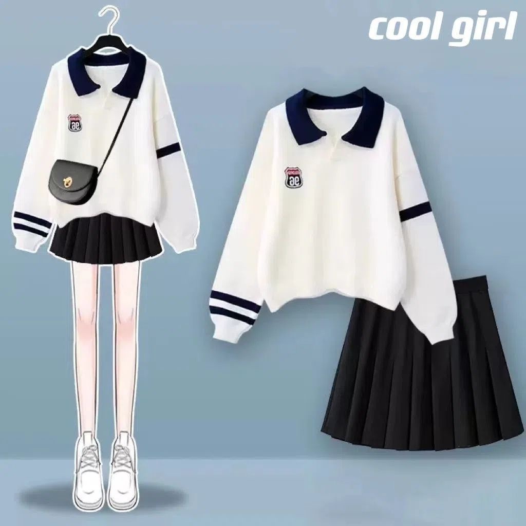 เสื้อกันหนาวแขนยาว คอปกโปโล และกระโปรงพลีท ทรงหลวม แฟชั่นฤดูใบไม้ผลิ และฤดูใบไม้ร่วง สไตล์เกาหลี สําหรับผู้หญิง และนักเรียน 2024