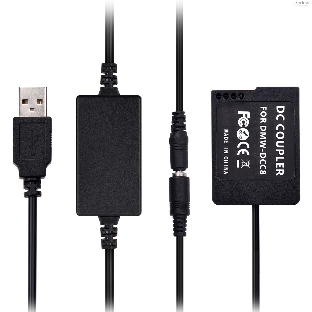 Andoer DMW-DCC8 ชุดสายพาวเวอร์ USB ขั้วต่อแบตดัมมี่ DMW-BLC12 พร้อมสายแปลง USB แบบเปลี่ยน สําหรับ Pa