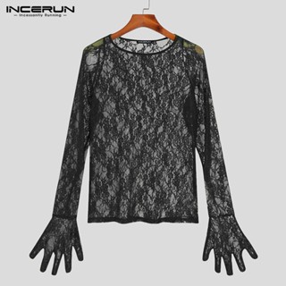 Incerun เสื้อยืดลําลอง แขนยาว คอกลม ลายดอกไม้ ลูกไม้ สําหรับผู้ชาย ไปคลับ ปาร์ตี้