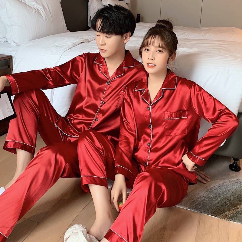 🔥ชุดนอนผ้าซาตินขายาว สีพื้น ชาย-หญิง M-2XL ชุดนอนผู้หญิง ชุดนอนผู้ชาย🔥 #S11