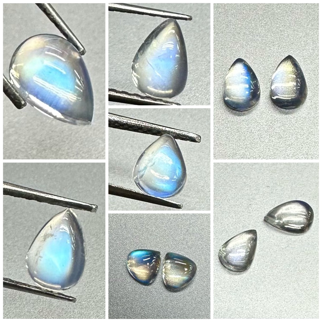 พลอยบลูมูนสโตนสีรุ้งทรงลูกแพร์หลวมธรรมชาติ Natural loose Blue Moonstone Rainbow Pear Shape Cabochon
