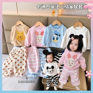 Mens and womens baby fleece-lined medium-thick suit winter home wear warm two-piece set womens baby cute cartoon for children